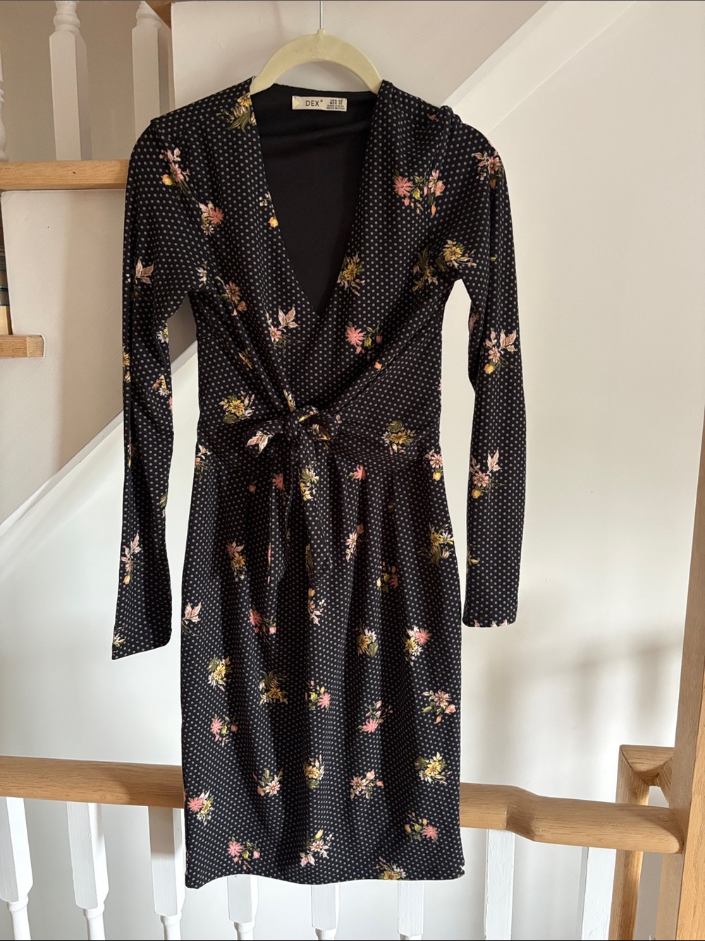 Dex Black Floral Polka-Dot Long-Sleeve Wrap Dress